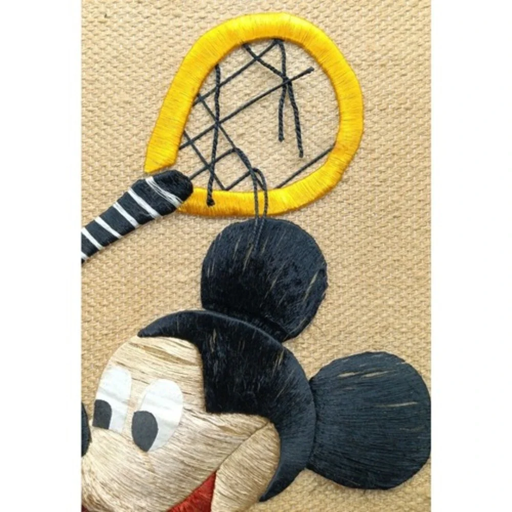 MICKEY MOUSE Woven Burlap Vintage‎ Wall Hanging Tapestry Embroidery Plays Tennis